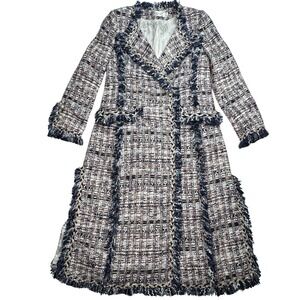 Angles & Castle Tweed‎ Long Coat S Fringe Trim Pearl Buttons Lined Plaid Jacket